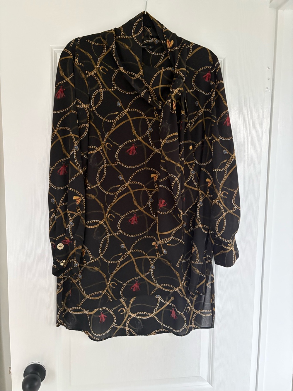Zara Black Chain-Print Tie-Neck Blouse with Red Accents